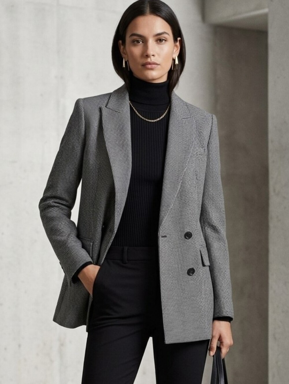 Mango Gray Houndstooth Double-Breasted Blazer Size Xs